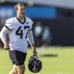 Joe Schobert #47 of the Jacksonville Jaguars looks on during training camp at TIAA Bank Field on July 28, 2021 in Jacksonville, Florida.