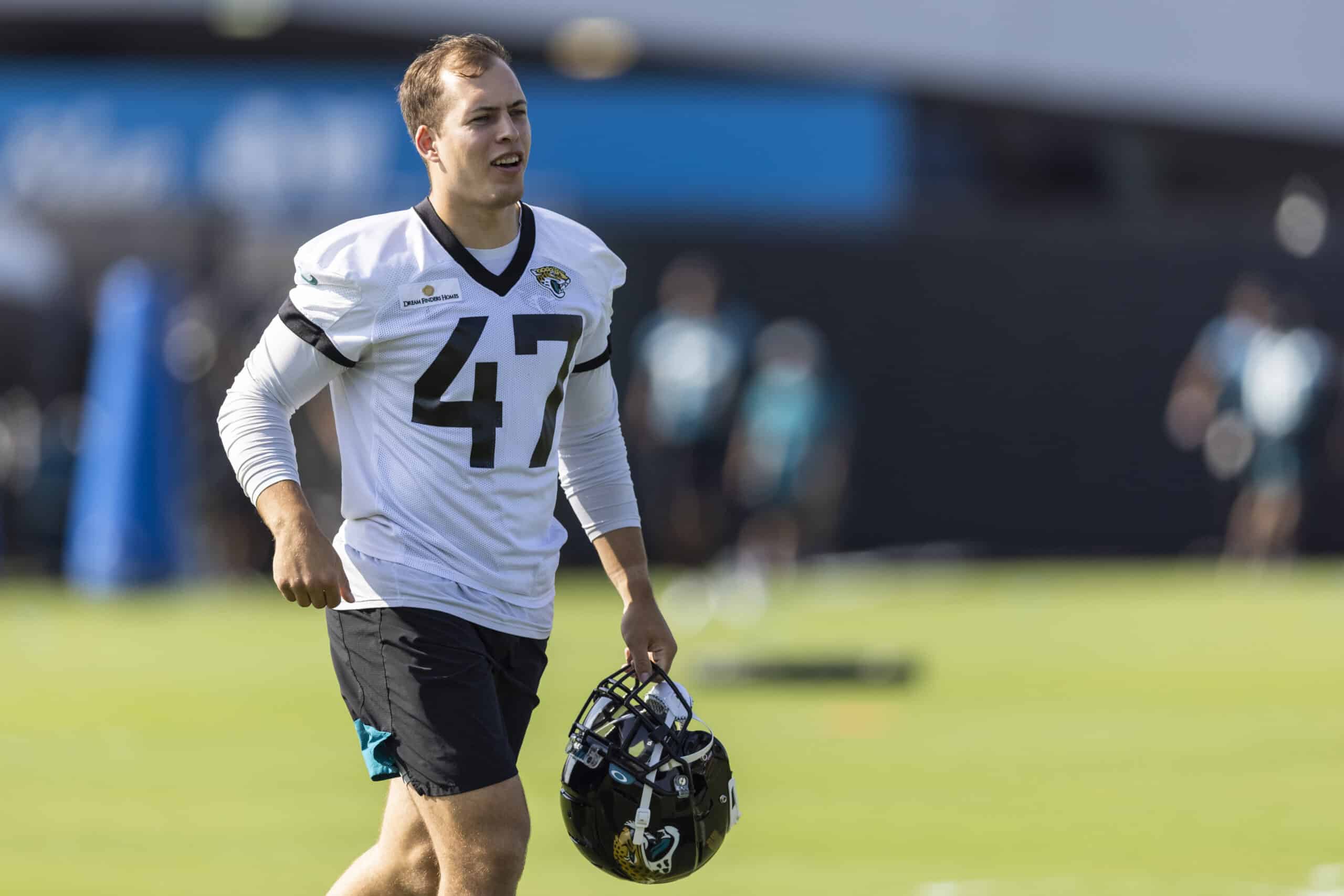 Joe Schobert #47 of the Jacksonville Jaguars looks on during training camp at TIAA Bank Field on July 28, 2021 in Jacksonville, Florida. 