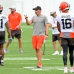 Head coach Kevin Stefanski of the Cleveland Browns directs a drill during the second day of Cleveland Browns Training Camp on July 29, 2021 in Berea, Ohio.