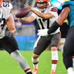 Kyle Lauletta #17 of the Cleveland Browns receives the snap in the second quarter against the Jacksonville Jaguars during a preseason game at TIAA Bank Field on August 14, 2021 in Jacksonville, Florida.