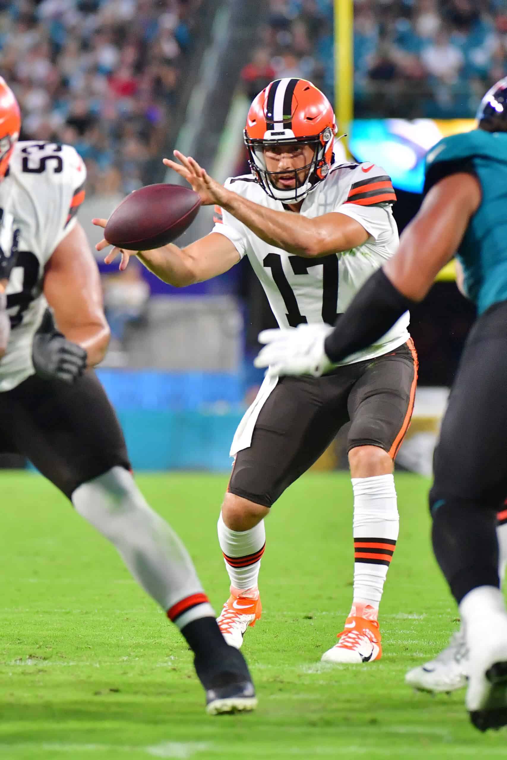 Kyle Lauletta #17 of the Cleveland Browns receives the snap in the second quarter against the Jacksonville Jaguars during a preseason game at TIAA Bank Field on August 14, 2021 in Jacksonville, Florida.