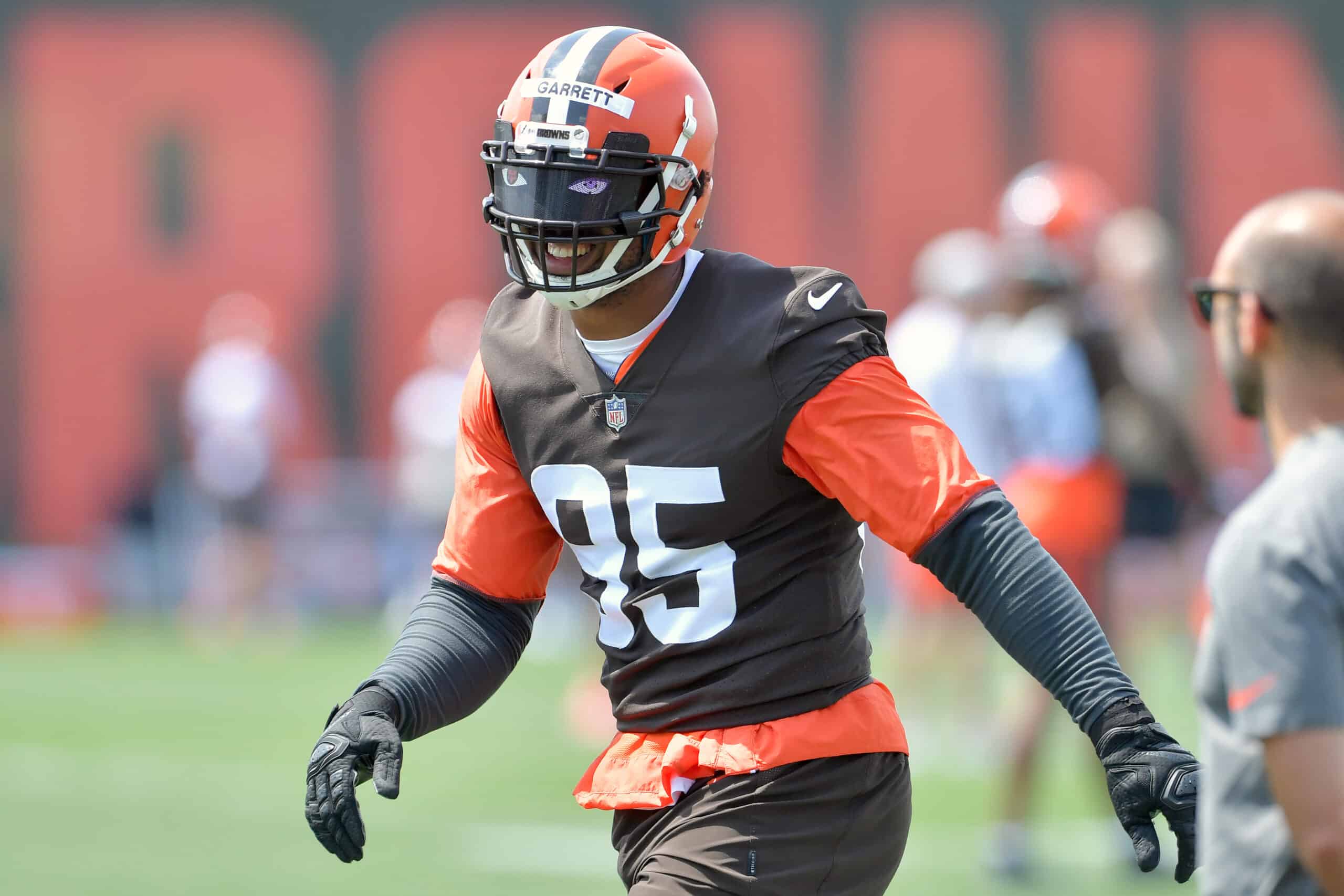 Defensive end Myles Garrett #95 of the Cleveland Browns runs a drill during Cleveland Browns Training Camp on July 30, 2021 in Berea, Ohio.