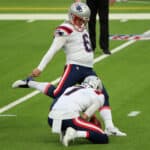 Place kicker Nick Folk #6 of the New England Patriots kicks the extra point for the 14-0 lead in the second quarter against the Los Angeles Chargers at SoFi Stadium on December 06, 2020 in Inglewood, California.