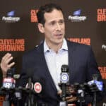 Paul DePodesta Cleveland Browns Chief Strategy Officer addresses the media after the Browns introduced Kevin Stefanski as the Browns new head coach on January 14, 2020 in Cleveland, Ohio.