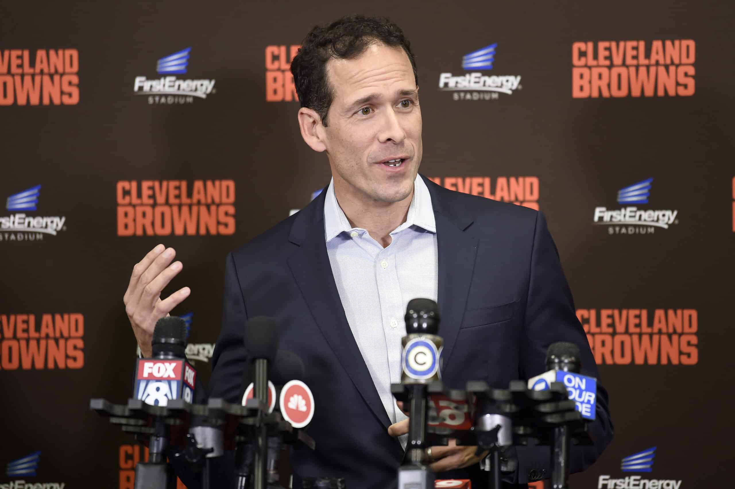 Paul DePodesta Cleveland Browns Chief Strategy Officer addresses the media after the Browns introduced Kevin Stefanski as the Browns new head coach on January 14, 2020 in Cleveland, Ohio.