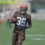 Safety Richard LeCounte III #39 of the Cleveland Browns runs a drill during the first day of Cleveland Browns Training Camp on July 28, 2021 in Berea, Ohio.