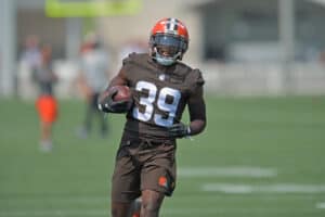 Safety Richard LeCounte III #39 of the Cleveland Browns runs a drill during the first day of Cleveland Browns Training Camp on July 28, 2021 in Berea, Ohio.