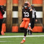 Defensive back Ronnie Harrison #33 of the Cleveland Browns reacts during the first half of the NFL game against the Las Vegas Raiders at FirstEnergy Stadium on November 01, 2020 in Cleveland, Ohio.