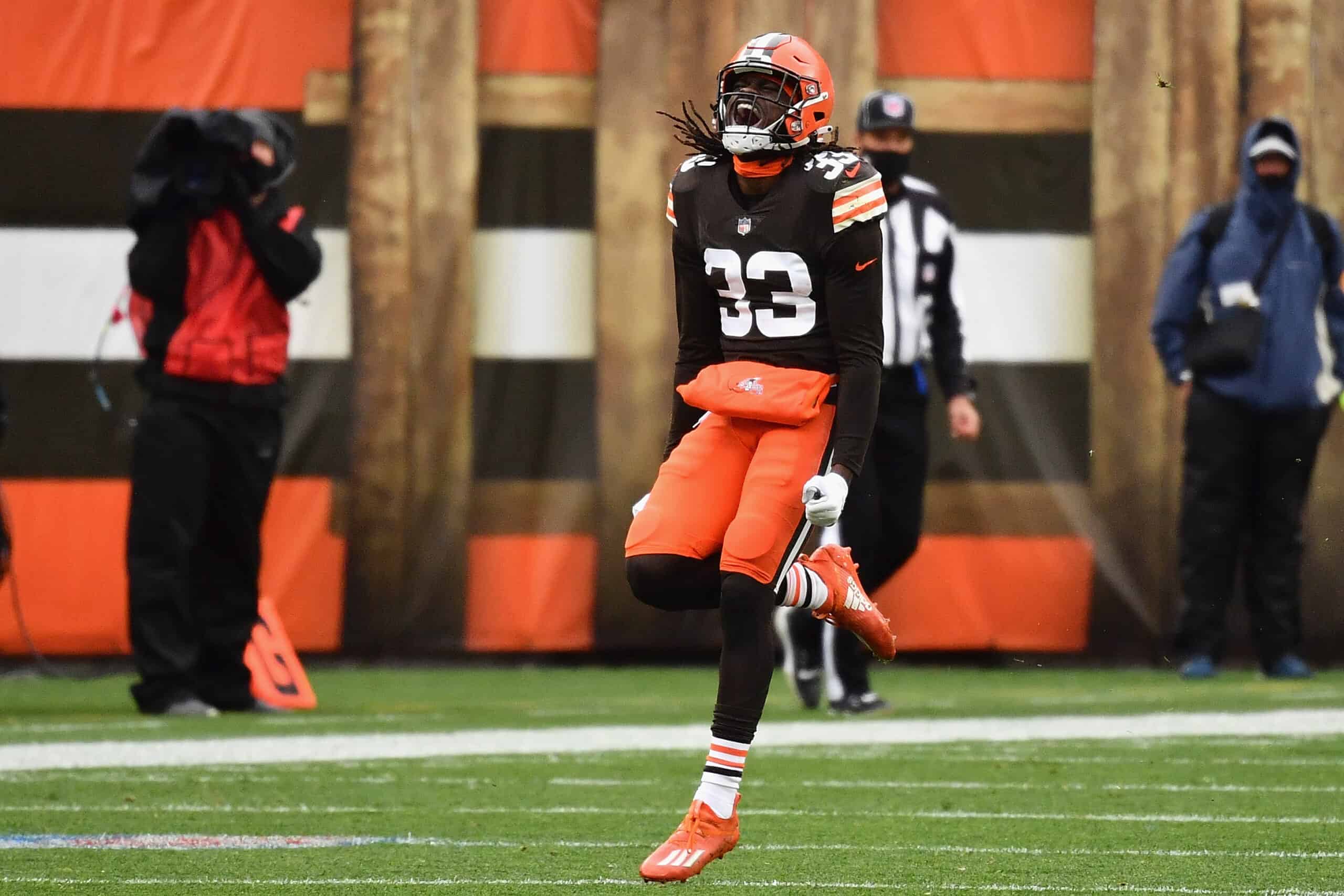 Defensive back Ronnie Harrison #33 of the Cleveland Browns reacts during the first half of the NFL game against the Las Vegas Raiders at FirstEnergy Stadium on November 01, 2020 in Cleveland, Ohio.