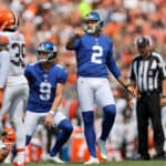 New York Giants kicker Ryan Santoso (2) converts on an extra point out of the hold of New York Giants punter Riley Dixon (9) during the first quarter of the National Football League preseason game between the New York Giants and Cleveland Browns on August 22, 2021, at FirstEnergy Stadium in Cleveland, OH.