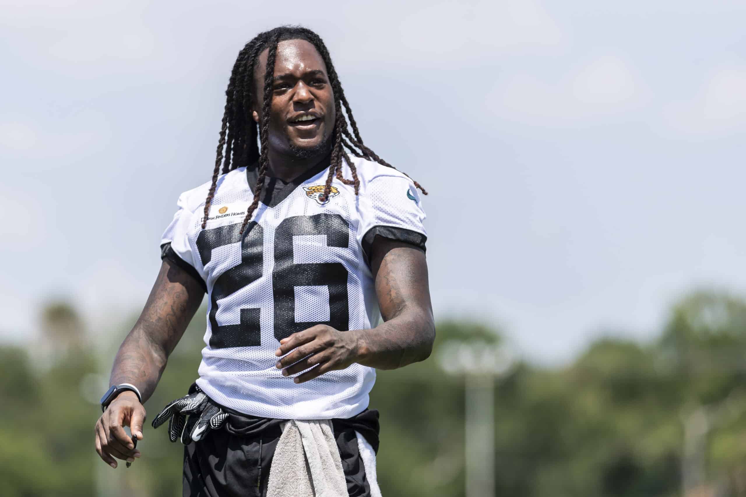 Shaquill Griffin #26 of the Jacksonville Jaguars looks on during Training Camp at TIAA Bank Field on July 29, 2021 in Jacksonville, Florida. 