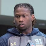 UCLA defensive end Takkarist Mckinley answers questions from members of the media during the NFL Scouting Combine on March 4, 2017 at Lucas Oil Stadium in Indianapolis, IN.