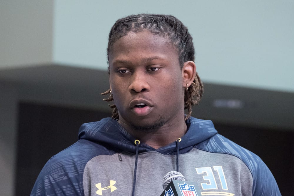 UCLA defensive end Takkarist Mckinley answers questions from members of the media during the NFL Scouting Combine on March 4, 2017 at Lucas Oil Stadium in Indianapolis, IN.