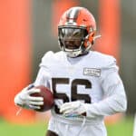 Linebacker Willie Harvey #56 of the Cleveland Browns works out during training camp at the Browns training facility on August 29, 2020 in Berea, Ohio.