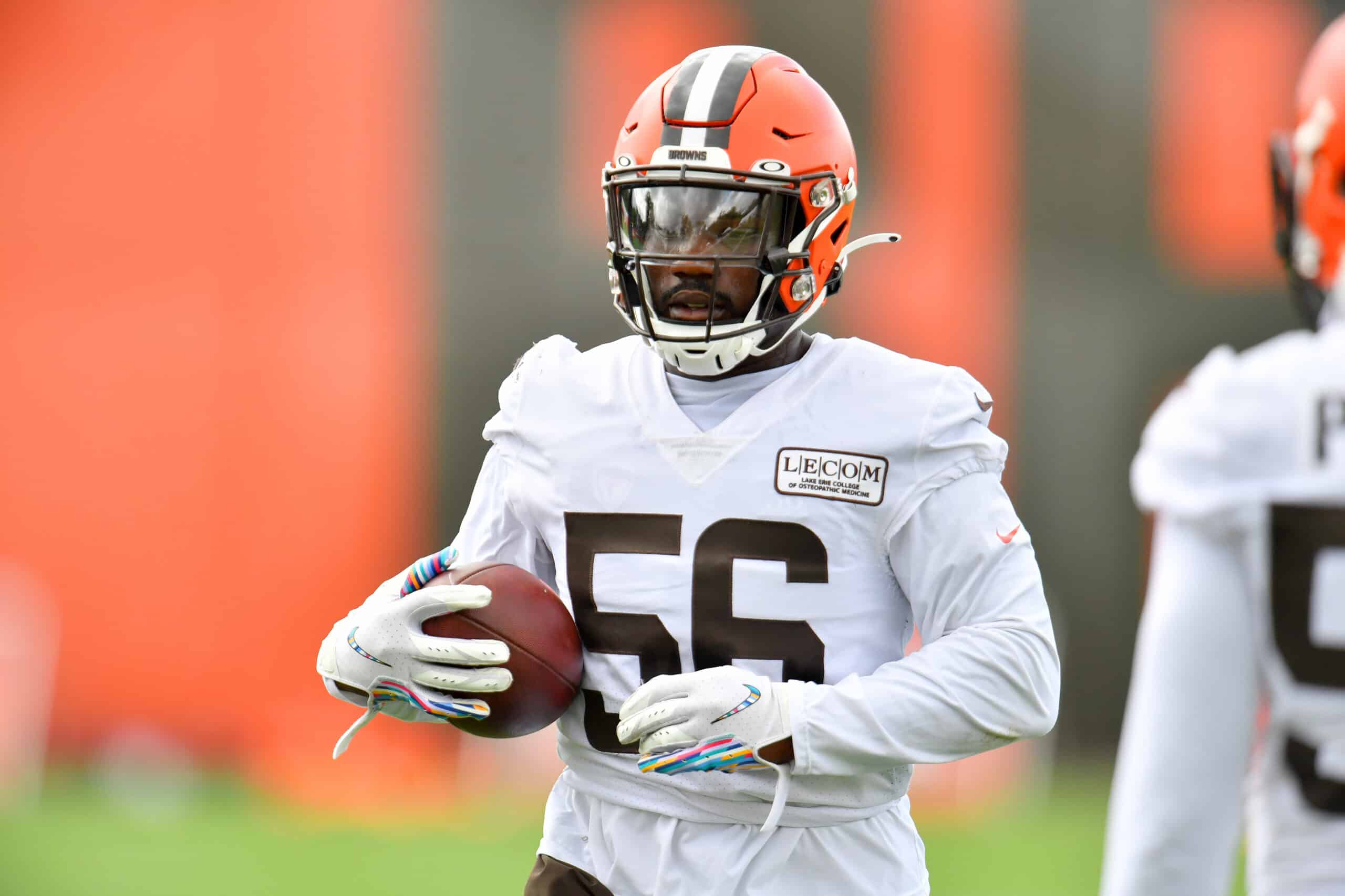 Linebacker Willie Harvey #56 of the Cleveland Browns works out during training camp at the Browns training facility on August 29, 2020 in Berea, Ohio. 