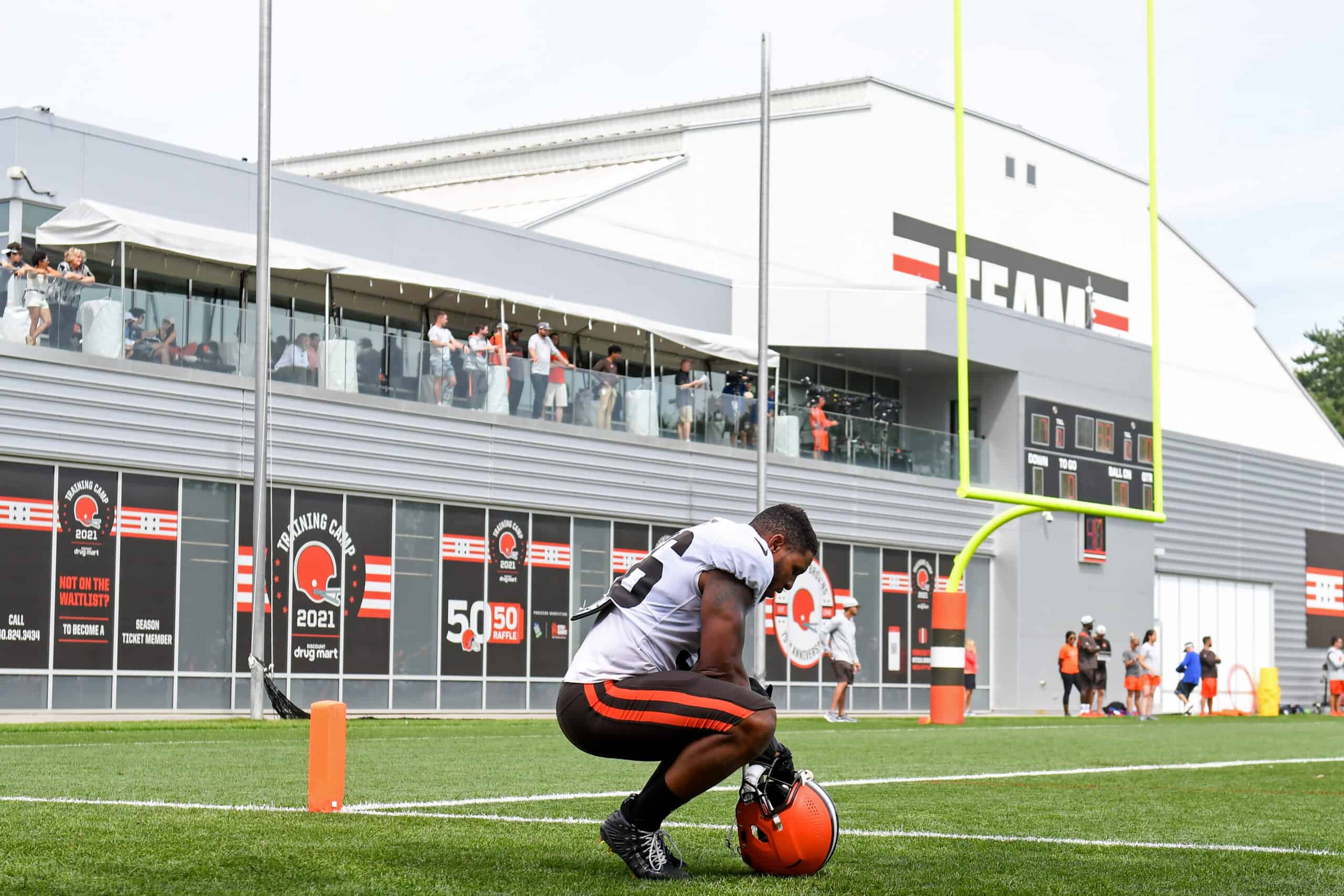 Malcolm Smith #56 of the Cleveland Browns reacts after finishing a drill during a joint practice with the New York Giants on August 19, 2021 in Berea, Ohio.