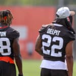 Cleveland Browns safety Elijah Benton (48) and Cleveland Browns safety Grant Delpit (22) on the field during the Cleveland Browns Training Camp on August 7, 2021, at the at the Cleveland Browns Training Facility in Berea, Ohio.