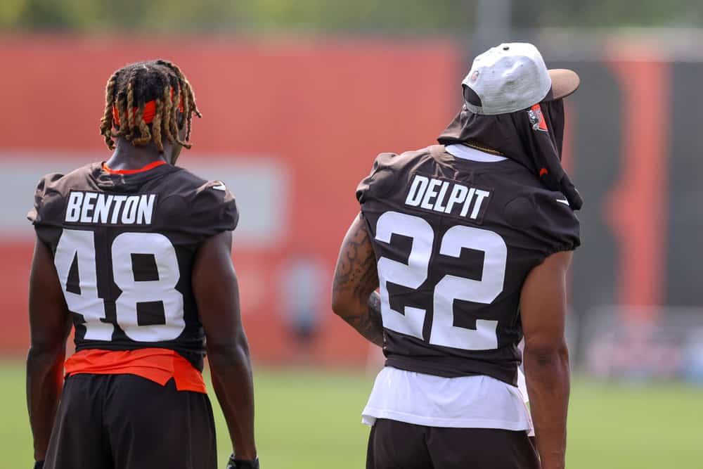 Cleveland Browns safety Elijah Benton (48) and Cleveland Browns safety Grant Delpit (22) on the field during the Cleveland Browns Training Camp on August 7, 2021, at the at the Cleveland Browns Training Facility in Berea, Ohio.