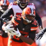 Nick Chubb #24 of the Cleveland Browns runs the ball in the second half against the Atlanta Falcons at FirstEnergy Stadium on November 11, 2018 in Cleveland, Ohio.