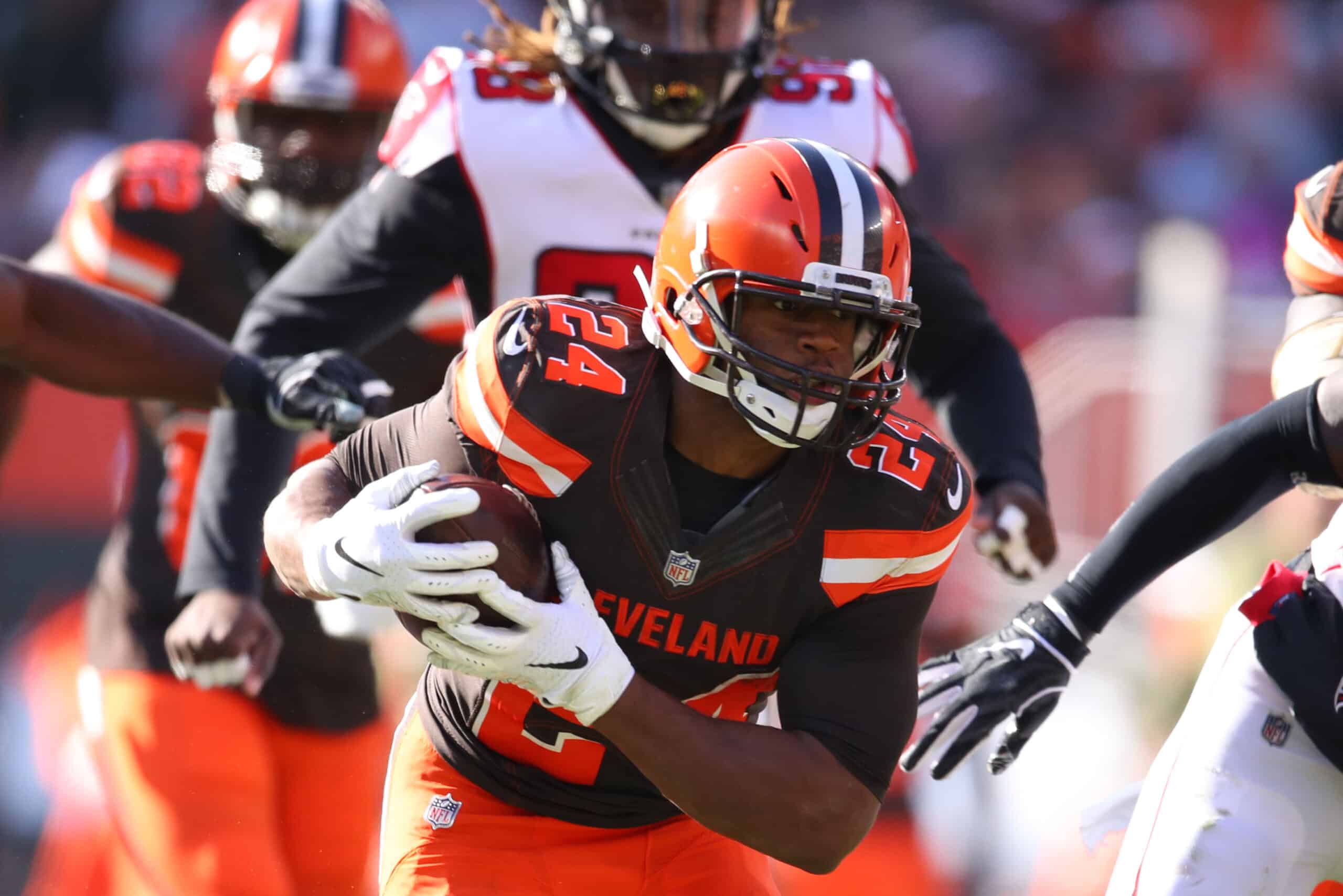 Nick Chubb #24 of the Cleveland Browns runs the ball in the second half against the Atlanta Falcons at FirstEnergy Stadium on November 11, 2018 in Cleveland, Ohio.