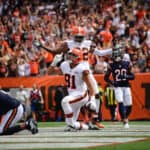 Austin Hooper #81 of the Cleveland Browns scores a touchdown during the second quarter in the game against the Chicago Bears at FirstEnergy Stadium on September 26, 2021 in Cleveland, Ohio.