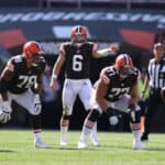 Baker Mayfield #6 of the Cleveland Browns plays against the Houston Texans at FirstEnergy Stadium on September 19, 2021 in Cleveland, Ohio. Cleveland won the game 31-21.