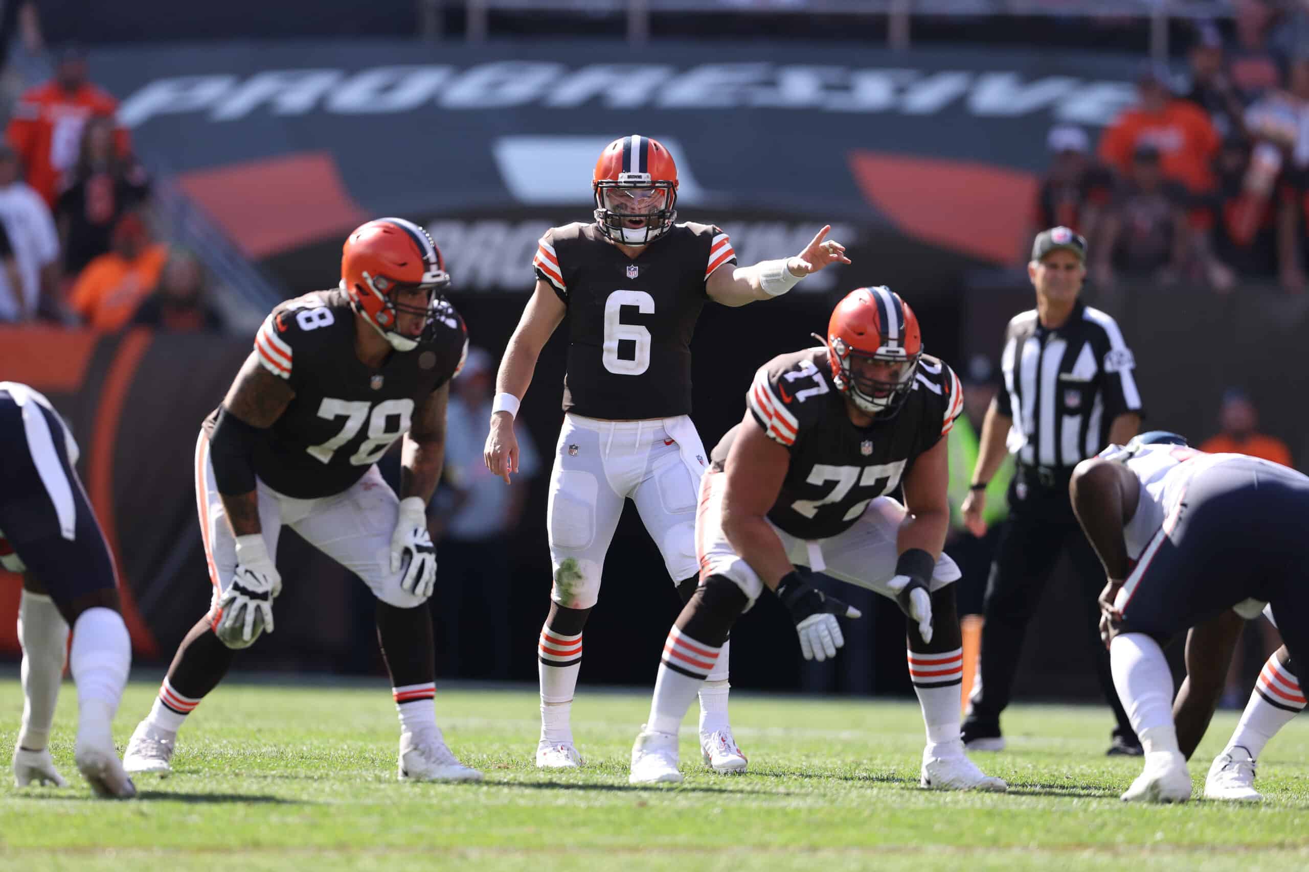 Baker Mayfield #6 of the Cleveland Browns plays against the Houston Texans at FirstEnergy Stadium on September 19, 2021 in Cleveland, Ohio. Cleveland won the game 31-21. 