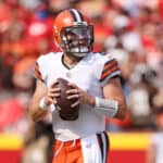 Baker Mayfield #6 of the Cleveland Browns looks to pass against the Kansas City Chiefs during the first half at Arrowhead Stadium on September 12, 2021 in Kansas City, Missouri.