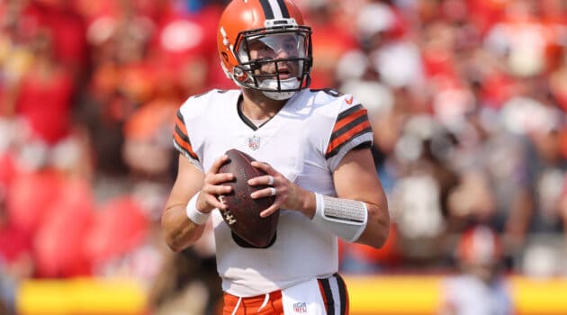Baker Mayfield #6 of the Cleveland Browns looks to pass against the Kansas City Chiefs during the first half at Arrowhead Stadium on September 12, 2021 in Kansas City, Missouri.