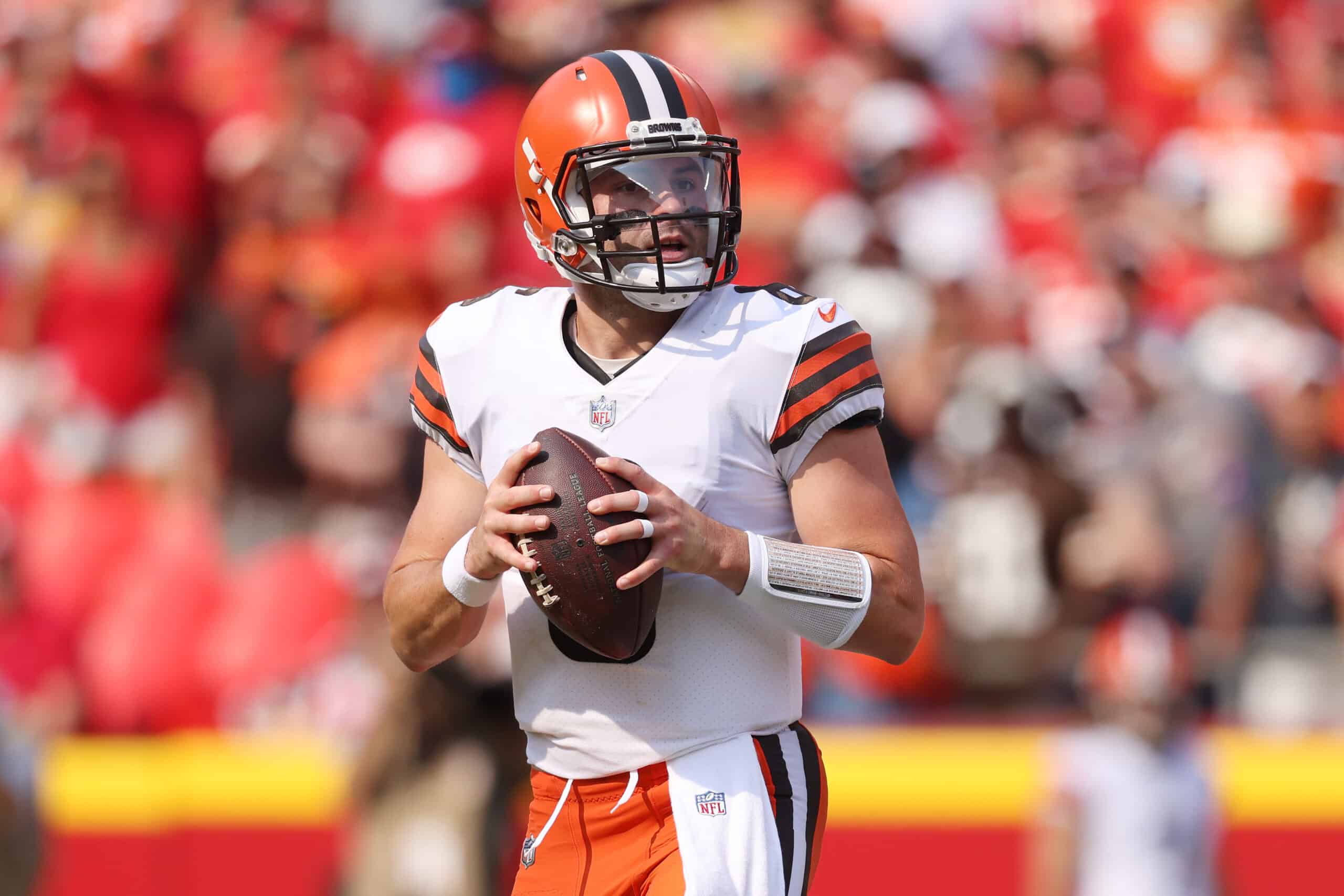 Baker Mayfield #6 of the Cleveland Browns looks to pass against the Kansas City Chiefs during the first half at Arrowhead Stadium on September 12, 2021 in Kansas City, Missouri.