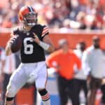 Baker Mayfield #6 of the Cleveland Browns plays against the Houston Texans at FirstEnergy Stadium on September 19, 2021 in Cleveland, Ohio. Cleveland won the game 31-21.