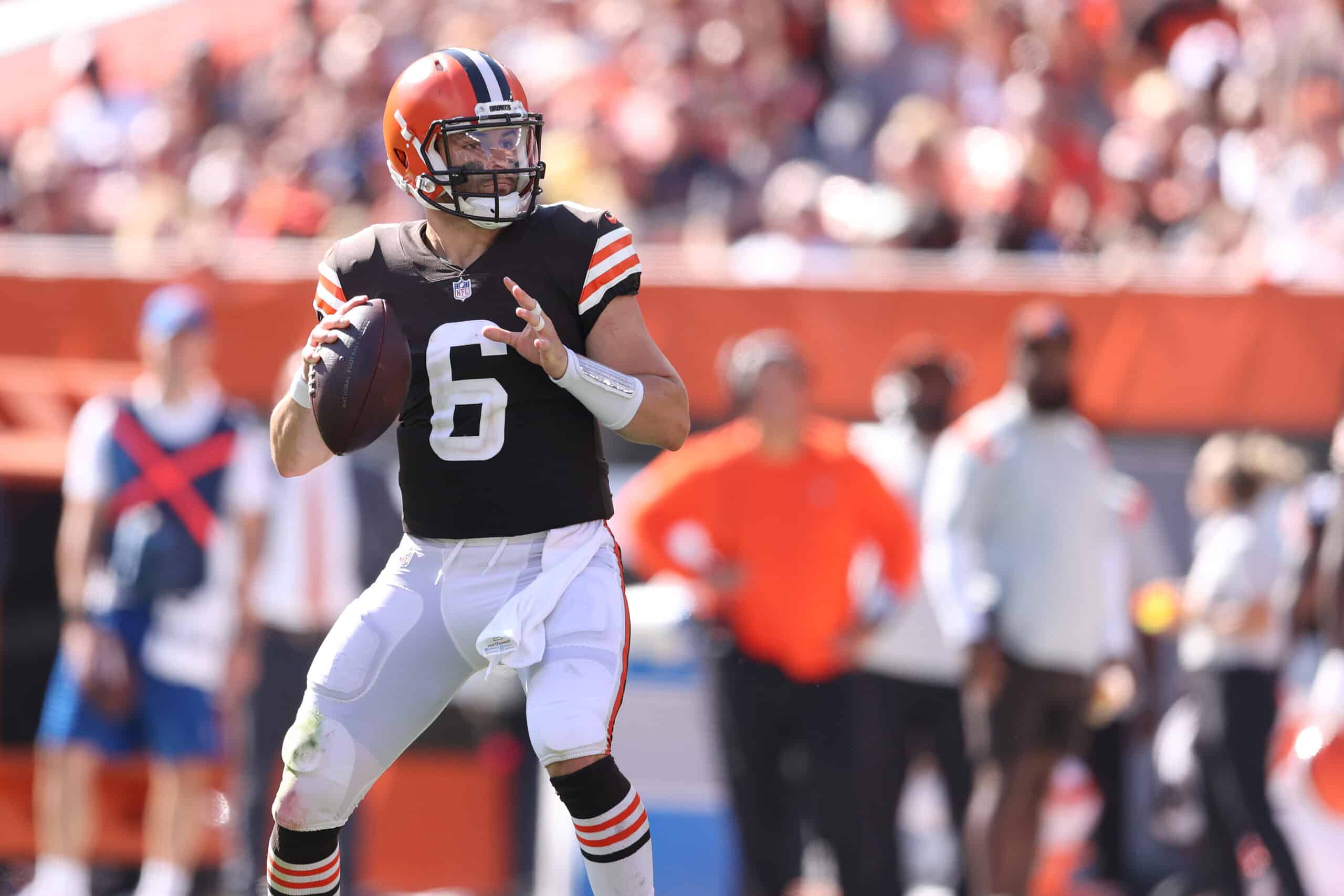 Baker Mayfield #6 of the Cleveland Browns plays against the Houston Texans at FirstEnergy Stadium on September 19, 2021 in Cleveland, Ohio. Cleveland won the game 31-21. 