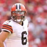 Baker Mayfield #6 of the Cleveland Browns looks on against the Kansas City Chiefs during the first half at Arrowhead Stadium on September 12, 2021 in Kansas City, Missouri.