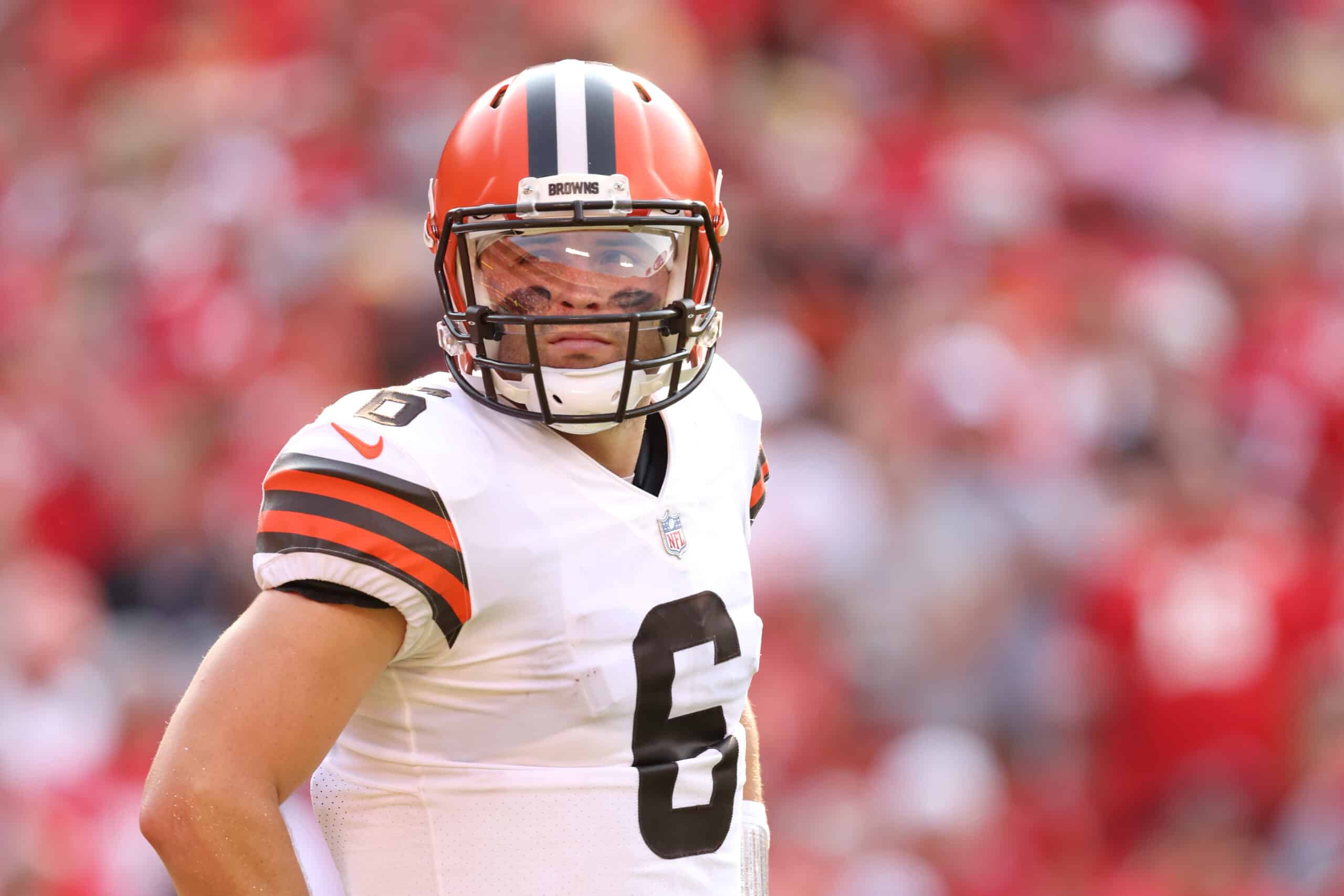 Baker Mayfield #6 of the Cleveland Browns looks on against the Kansas City Chiefs during the first half at Arrowhead Stadium on September 12, 2021 in Kansas City, Missouri.