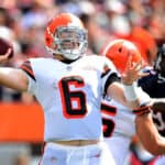 Baker Mayfield #6 of the Cleveland Browns throws the ball during the first half in the game against the Chicago Bears at FirstEnergy Stadium on September 26, 2021 in Cleveland, Ohio.