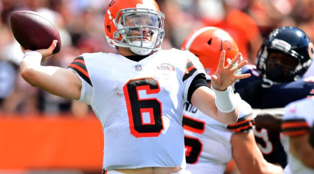 Baker Mayfield #6 of the Cleveland Browns throws the ball during the first half in the game against the Chicago Bears at FirstEnergy Stadium on September 26, 2021 in Cleveland, Ohio.
