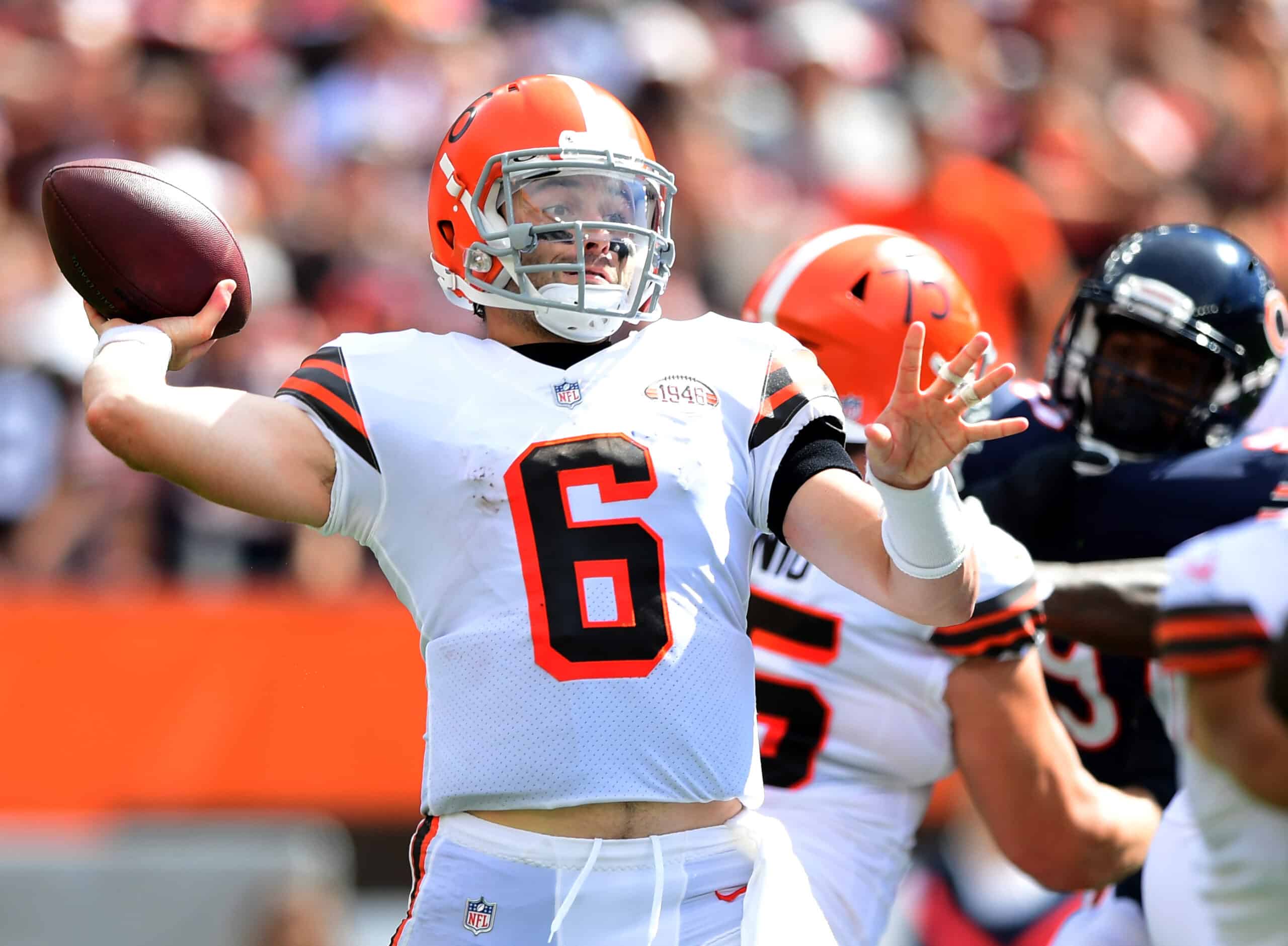 Baker Mayfield #6 of the Cleveland Browns throws the ball during the first half in the game against the Chicago Bears at FirstEnergy Stadium on September 26, 2021 in Cleveland, Ohio.