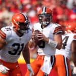 Quarterback Baker Mayfield #6 of the Cleveland Browns in action during the game against the Kansas City Chiefs at Arrowhead Stadium on September 12, 2021 in Kansas City, Missouri.