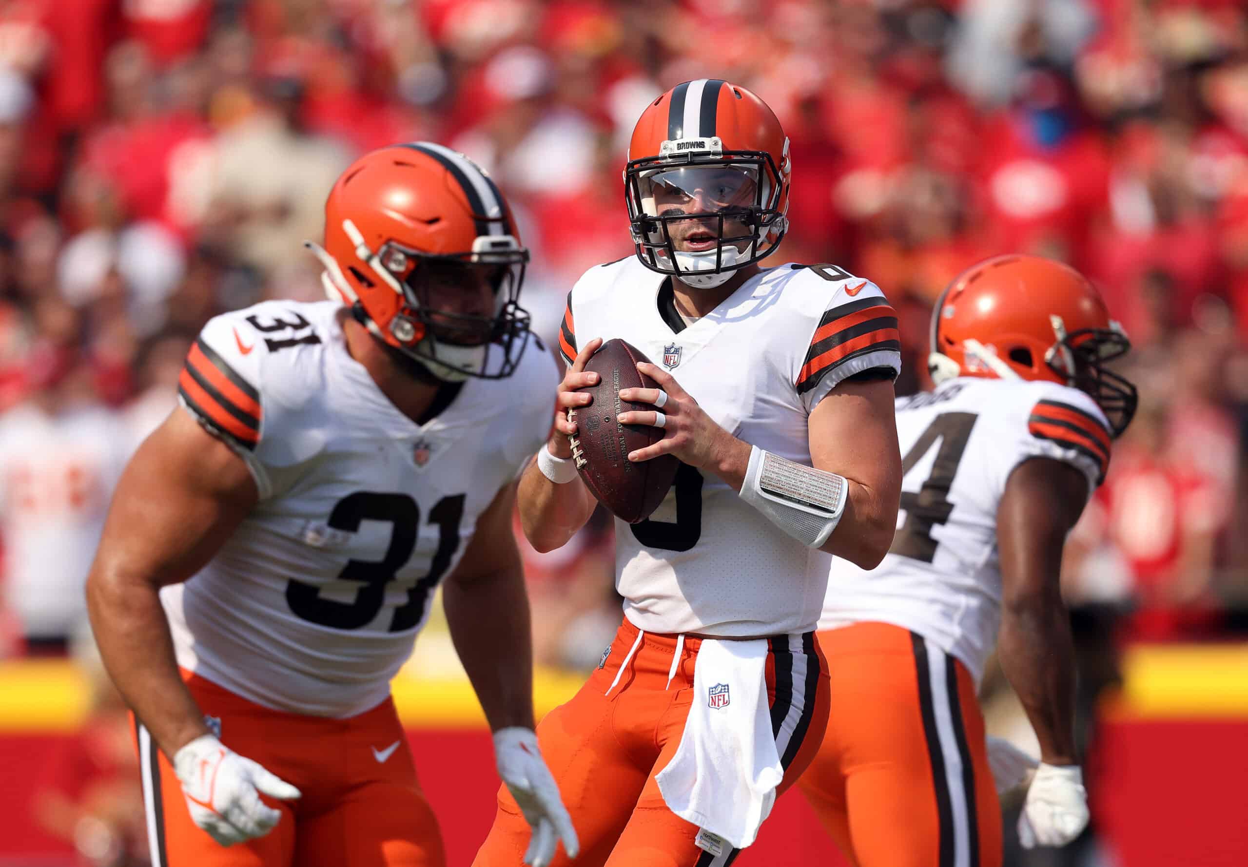 Quarterback Baker Mayfield #6 of the Cleveland Browns in action during the game against the Kansas City Chiefs at Arrowhead Stadium on September 12, 2021 in Kansas City, Missouri.