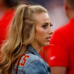 Brittany Matthews, girlfriend of quarterback Patrick Mahomes of the Kansas City Chiefs, looks on before a game against the Denver Broncos at Empower Field at Mile High on October 17, 2019 in Denver, Colorado.