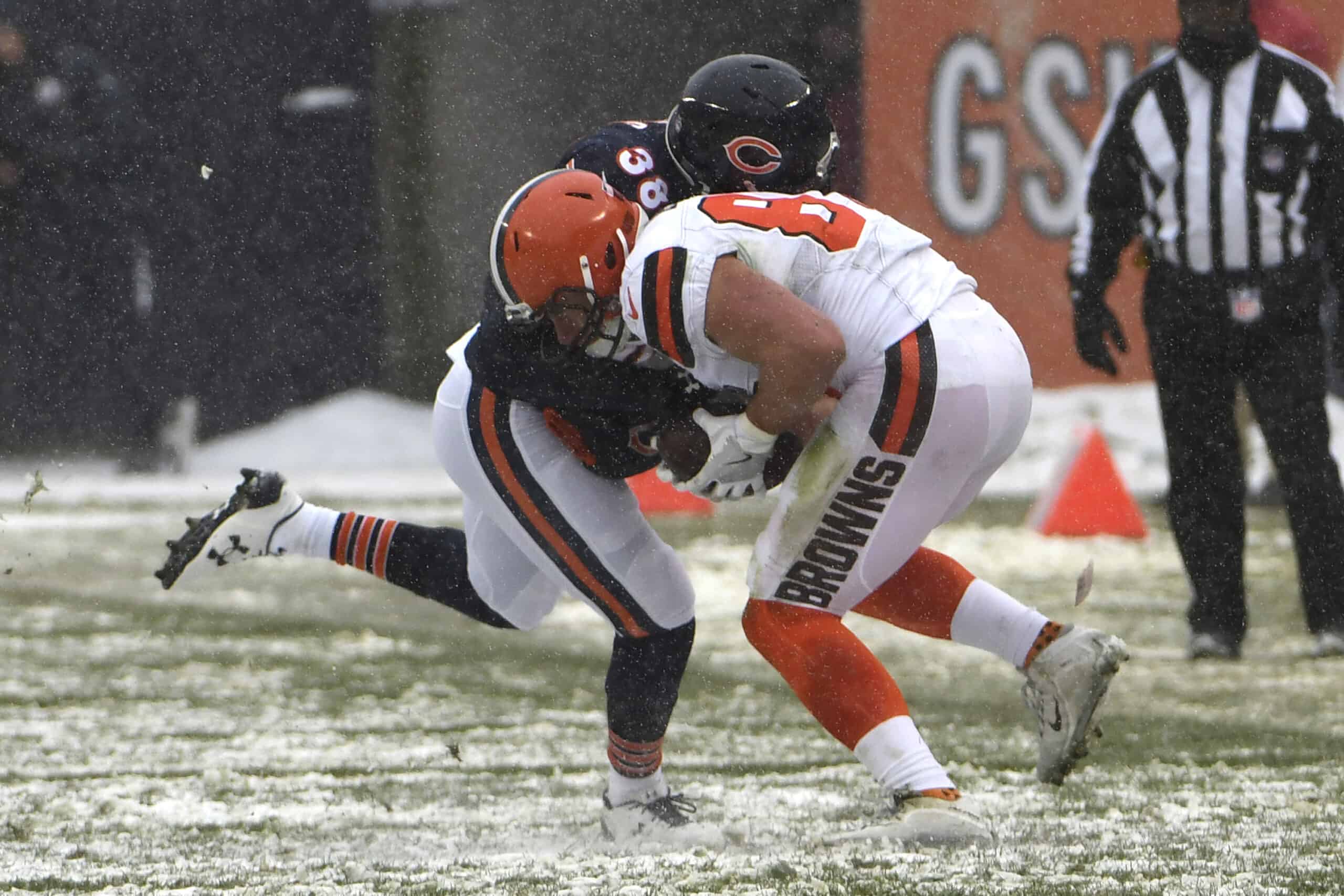 Seth DeValve #87 of the Cleveland Browns carries the football against Adrian Amos #38 of the Chicago Bears in the second quarter at Soldier Field on December 24, 2017 in Chicago, Illinois.