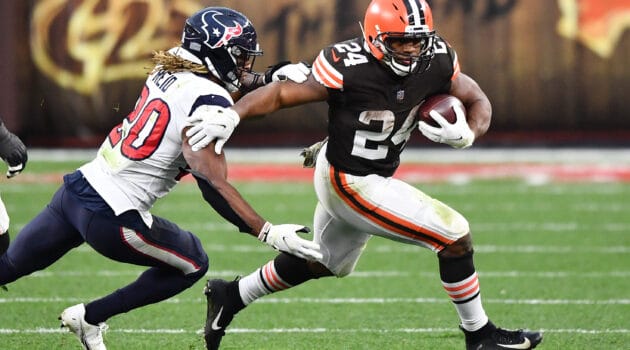 Nick Chubb #24 of the Cleveland Browns runs the ball for 59 yards against the Houston Texans during the second half at FirstEnergy Stadium on November 15, 2020 in Cleveland, Ohio.