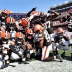 The Cleveland Browns defense celebrates in the end zone after an interception during the second half in the game against the Houston Texans at FirstEnergy Stadium on September 19, 2021 in Cleveland, Ohio.