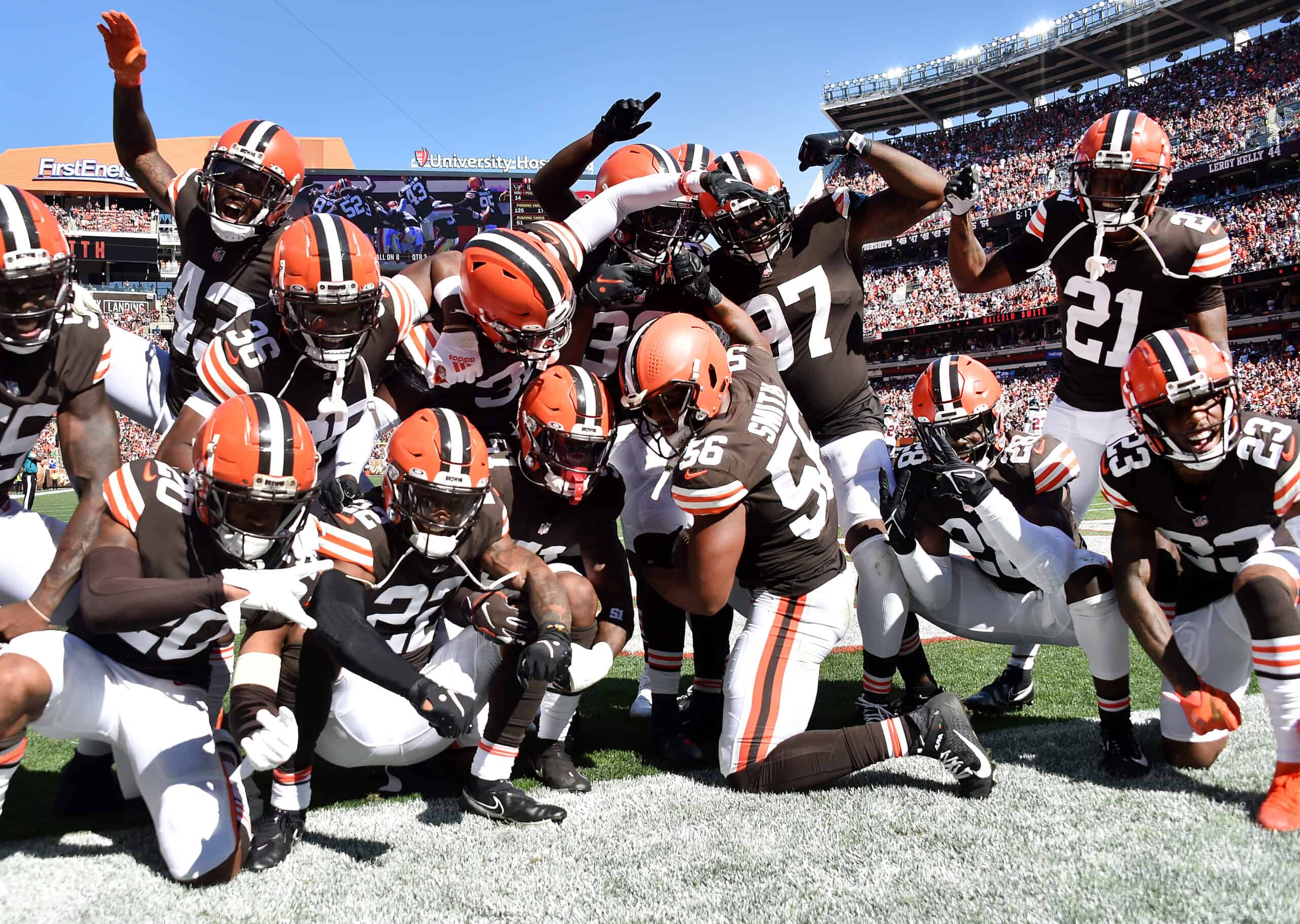 The Cleveland Browns defense celebrates in the end zone after an interception during the second half in the game against the Houston Texans at FirstEnergy Stadium on September 19, 2021 in Cleveland, Ohio.