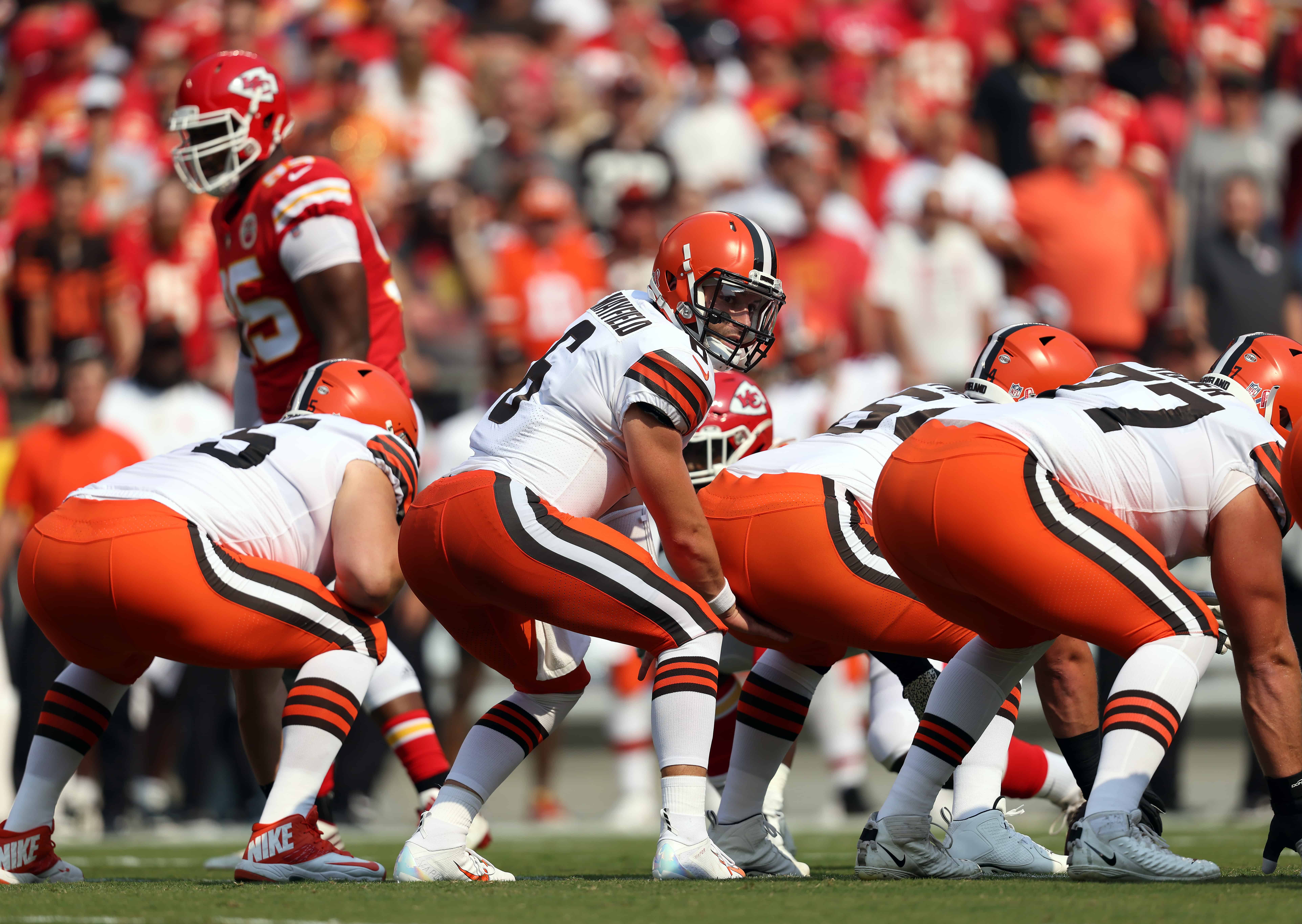 Quarterback Baker Mayfield #6 of the Cleveland Browns in action during the game against the Kansas City Chiefs at Arrowhead Stadium on September 12, 2021 in Kansas City, Missouri.