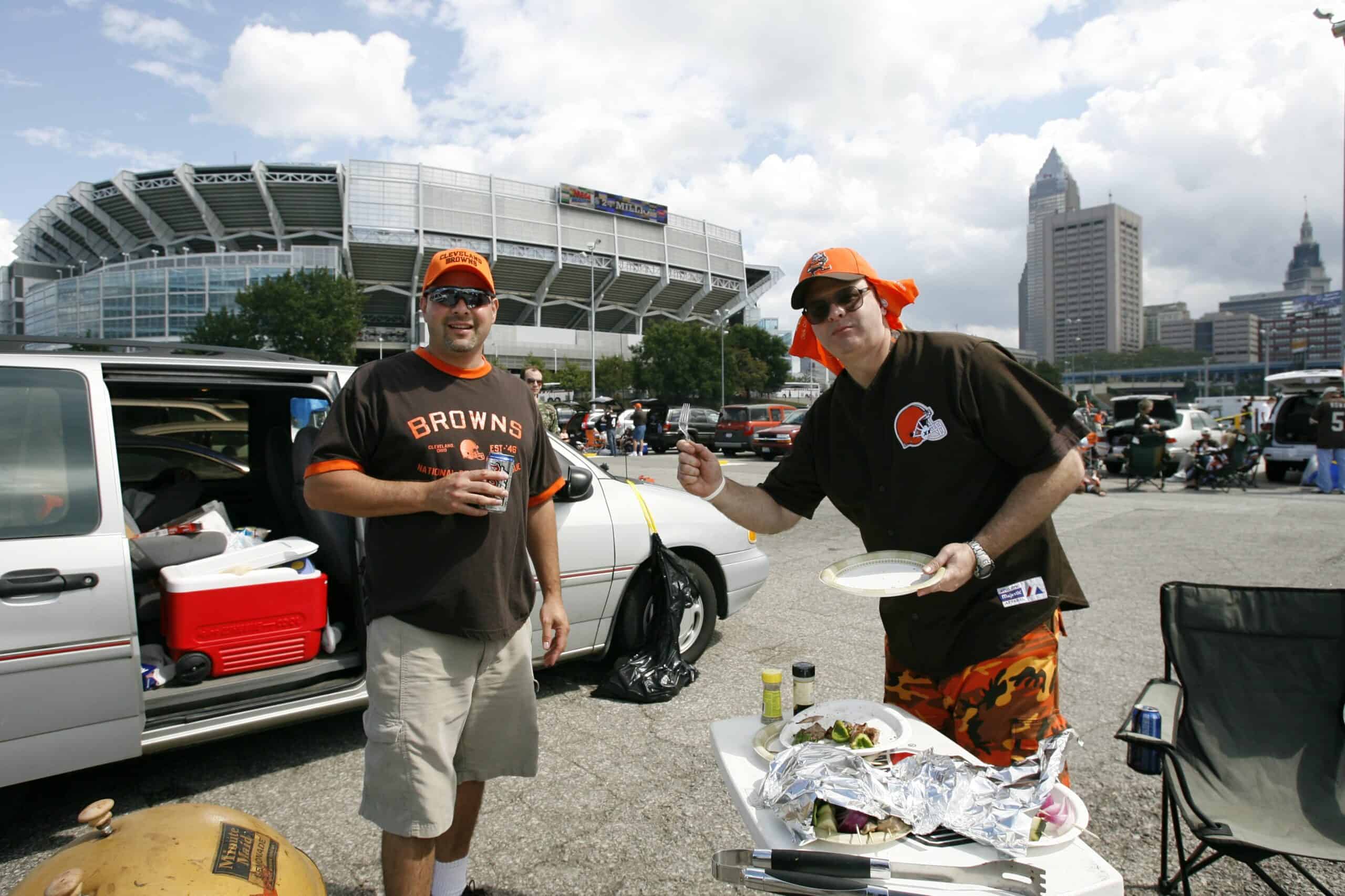 Cleveland Browns fans tailgate before the game against the Dallas Cowboys at Cleveland Browns Stadium on September 7, 2008 in Cleveland, Ohio.