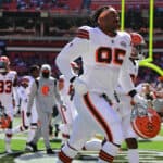 Myles Garrett #95 of the Cleveland Browns and the team head off the field after warm-ups before the game against the Chicago Bears at FirstEnergy Stadium on September 26, 2021 in Cleveland, Ohio.