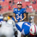 kicker Chris Naggar (#34) prepares to kick an extra point during the college football game between the SMU Mustangs and Memphis Tigers on October 3, 2020, at Gerald J. Ford Stadium in Dallas, TX.