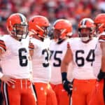 Quarterback Baker Mayfield #6 of the Cleveland Browns waits during a timeout in the game against the Kansas City Chiefs at Arrowhead Stadium on September 12, 2021 in Kansas City, Missouri.