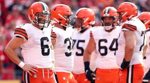 Quarterback Baker Mayfield #6 of the Cleveland Browns waits during a timeout in the game against the Kansas City Chiefs at Arrowhead Stadium on September 12, 2021 in Kansas City, Missouri.